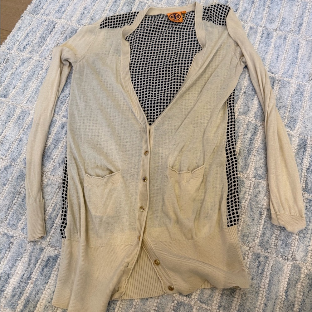 Tory Burch Light Beige Long Cardigan with Black Dot Panels
